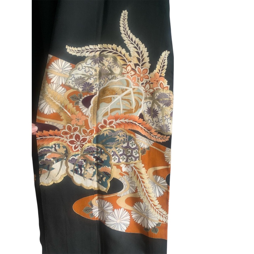 Vintage Silk Kimono Furisode Robe Unisex OS Black Excellent Embroidered Japan - Picture 8 of 13